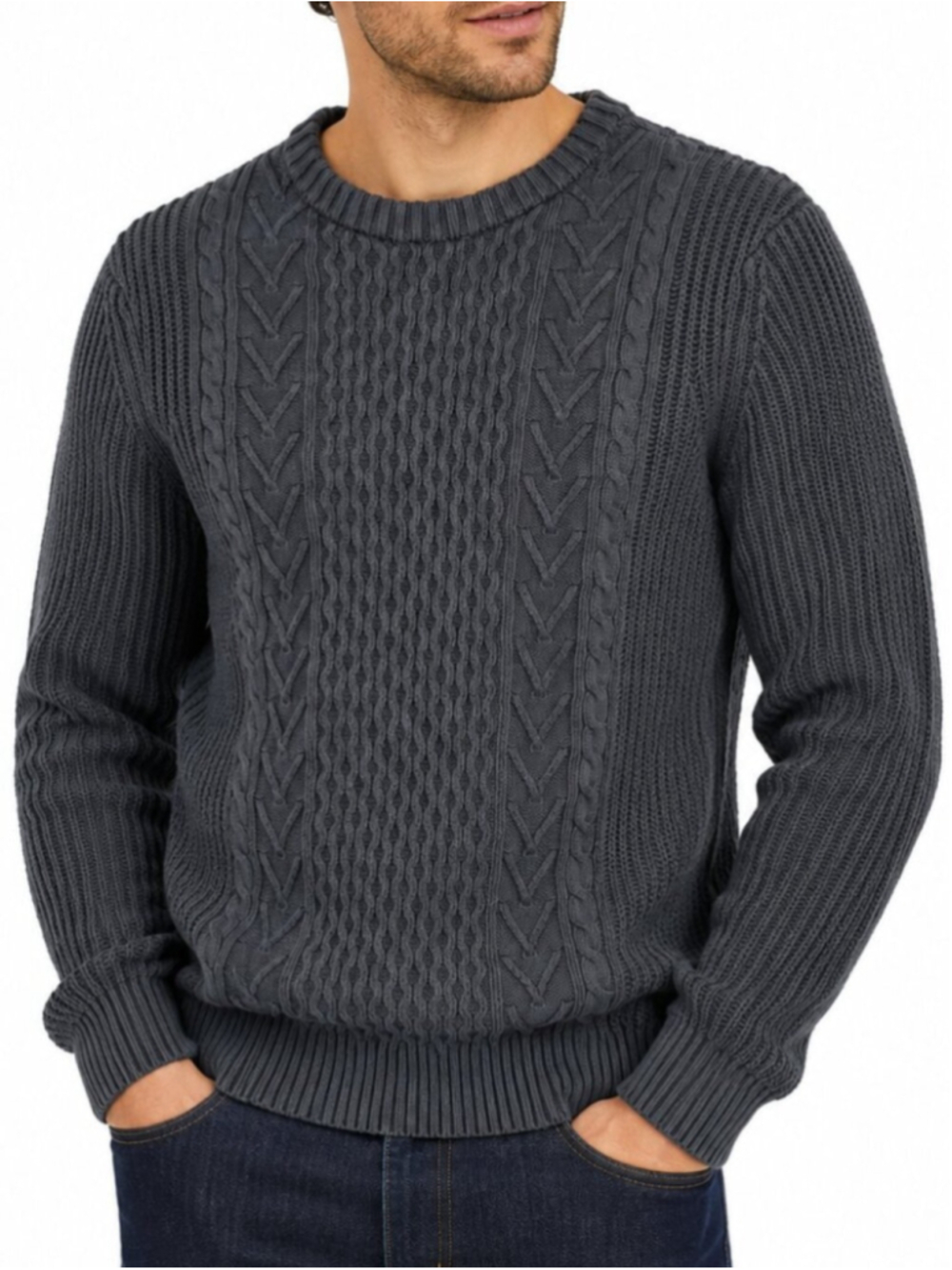 BUFFALO DAVID BITTON Cable Knit Fisherman Sweater Grey Small Crewneck Minimalist